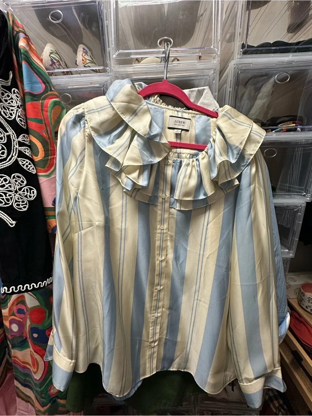 J. Crew Ruffle Collar Striped Blouse in Light Blue and Cream